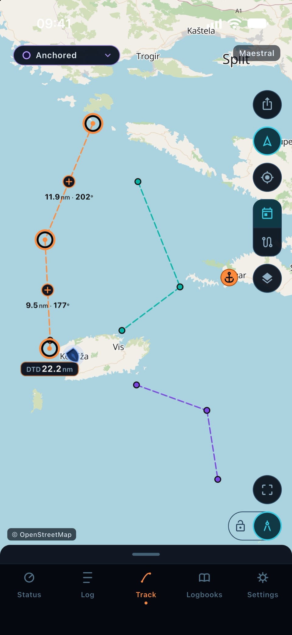 Compás de puntas con distancia y rumbo de cada tramo