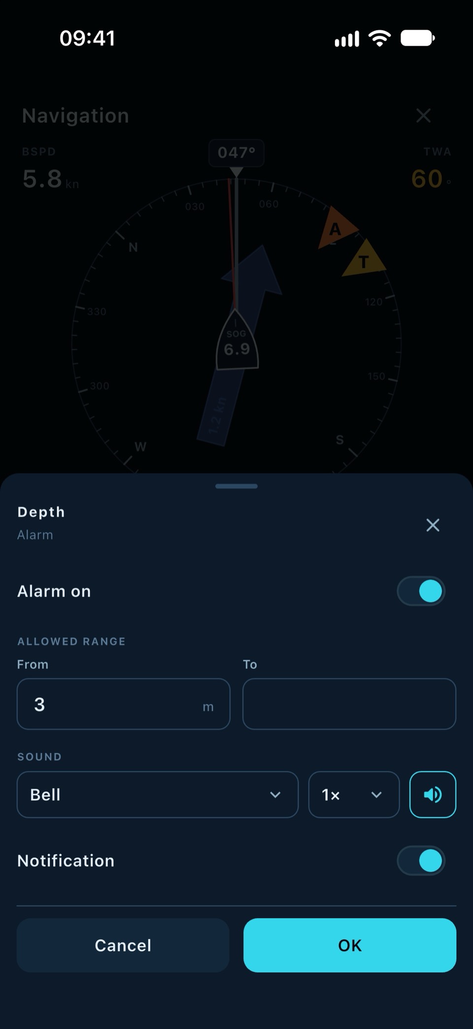Alarma de profundidad desde 3 m con sonido y notificación