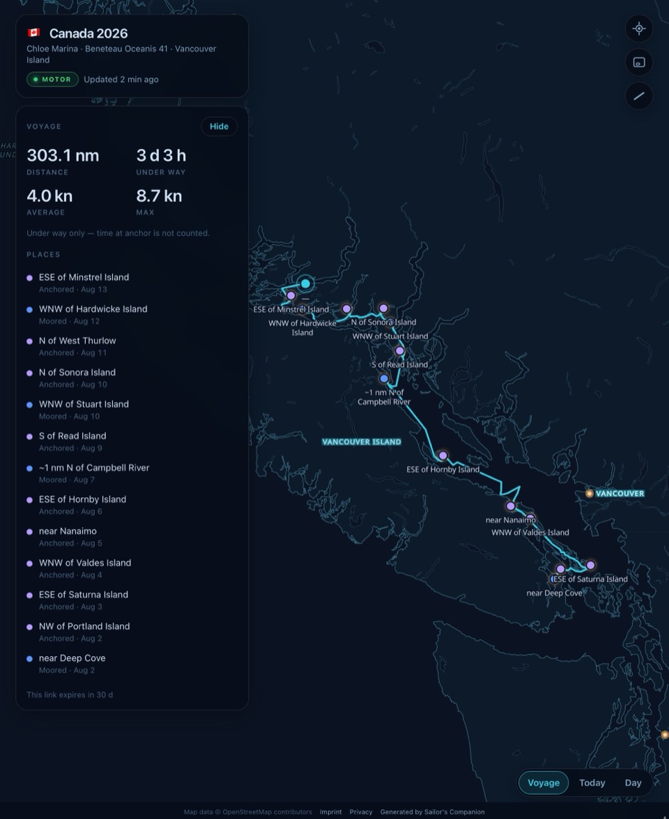 Una travesía compartida en el navegador: el track alrededor de la isla de Vancouver, fondeaderos y estadísticas, actualizado en directo