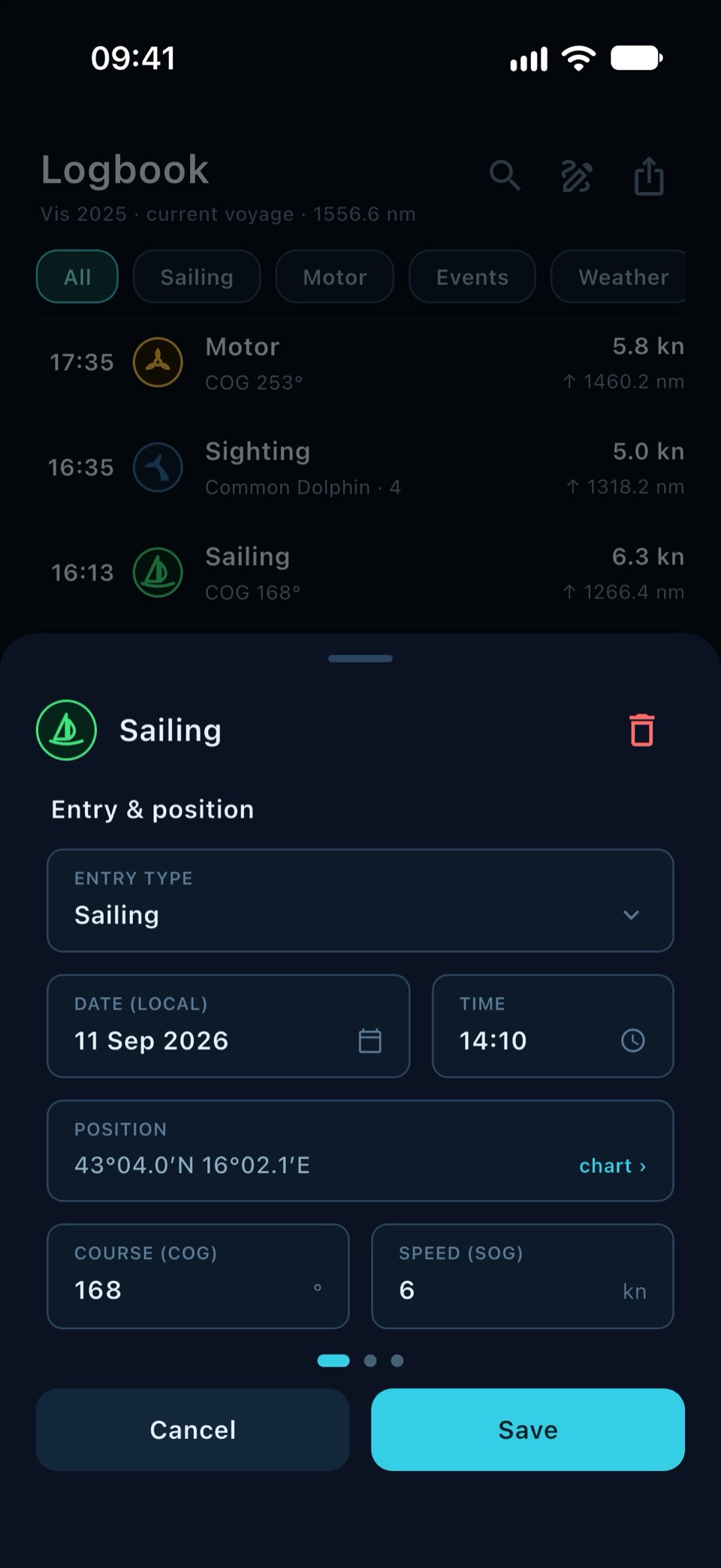 Editar una entrada: tipo, hora, posición, rumbo y velocidad