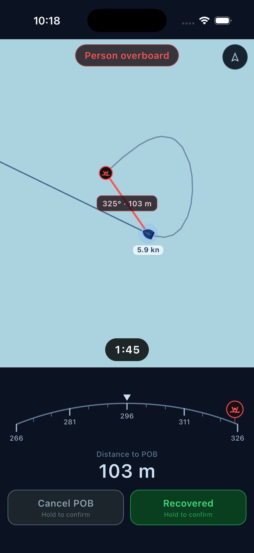 Man overboard — bearing and distance back to the person