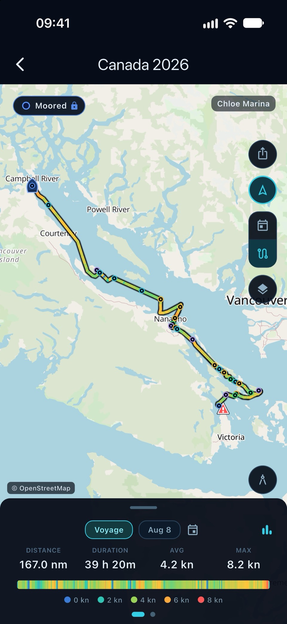 Una travesía por Canadá en la carta, coloreada por velocidad