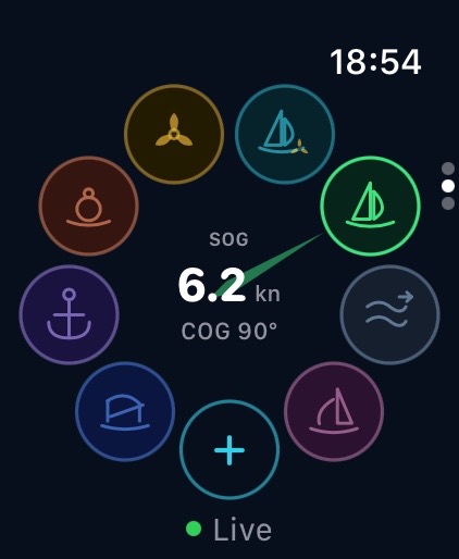 Apple Watch: rueda de estado con SOG 6,2 nudos y COG 90°